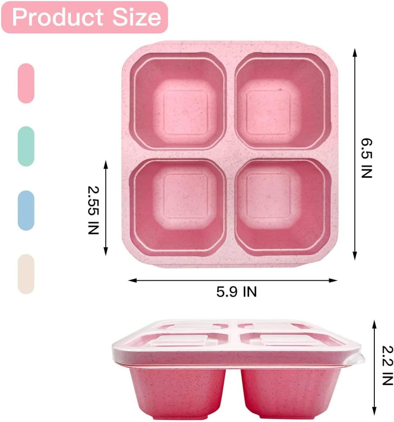 4 Pack Bento Lunch Box, Reusable 4-Compartment Snack Case Wheat Straw Meal Prep Containers Food Storage for Kids and Adults, Perfect Food Storage School, Work and Travel
