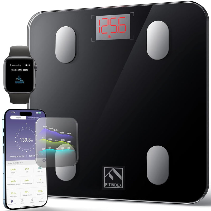 (10.2"/260mm, Black) - Bluetooth Body Fat Scale, FITINDEX Smart Wireless Digital Bathroom Weight Scale Body Composition Monitor Health Monitor with iOS and Android APP for Body Weight, Fat, Water, ... - Black 10.2"/260mm