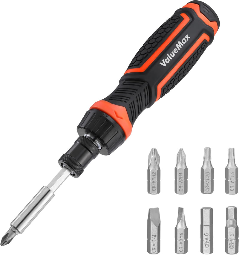 ValueMax Ratcheting Screwdriver, 9-In-1 Multi Screwdriver, Adjustable Length, High-Strength Bits, Phillips, Slotted, Torx, Hex, Nut Driver