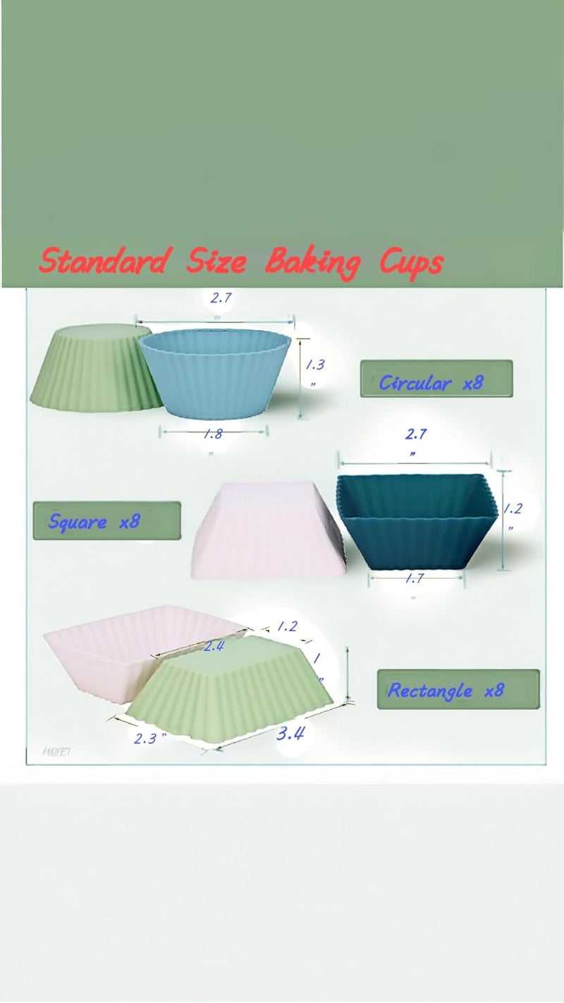 24-Pack Reusable Silicone Cupcake Liners - 3 Shapes Muffin Liners & Cake Molds - Multicolor Bento Lunch Box Dividers Included