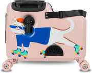 Kids Ride-On Carry-On Suitcase, ABS Lightweight Travel Trolley Luggage for Children with 360 Spinner Wheels, Cabin-Friendly Scooter Travel Bag (Pink Whisker Cat Design) - Pink Whisker – Cat Design