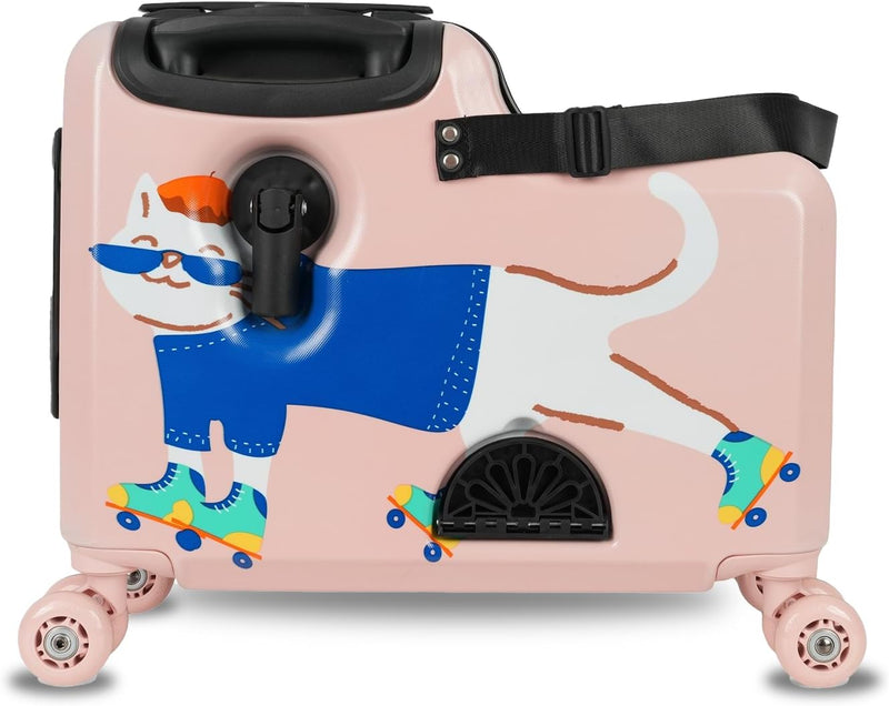 Kids Ride-On Carry-On Suitcase, ABS Lightweight Travel Trolley Luggage for Children with 360 Spinner Wheels, Cabin-Friendly Scooter Travel Bag (Pink Whisker Cat Design) - Pink Whisker – Cat Design