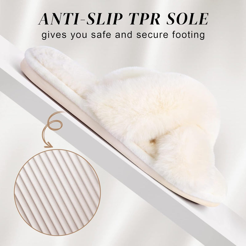 Women's Cross Band Slippers Soft Plush Furry Cozy Open Toe House Shoes Indoor Outdoor Faux Rabbit Fur Warm Comfy Slip On Breathable