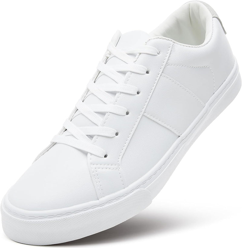 Men's Synthetic Leather White Sneakers,Low Top White Tennis Shoes,Lace up Casual Shoes - White