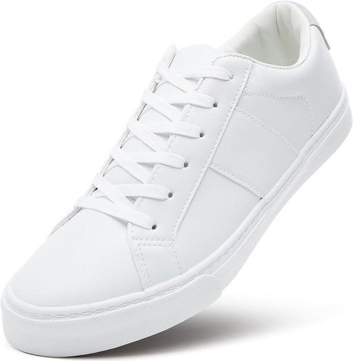 Men's Synthetic Leather White Sneakers,Low Top White Tennis Shoes,Lace up Casual Shoes - White