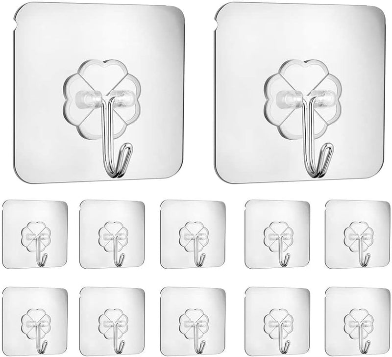 McMola Adhesive Hooks, Self Adhesive Hooks,Waterproof Self Adhesive Hook Heavy Duty Wall Hooks for Home Kitchen Bathroom Hanging Coat Cloth Towel Key Decorations(12 Pack) - 12Pack Clear Adhesive Hooks