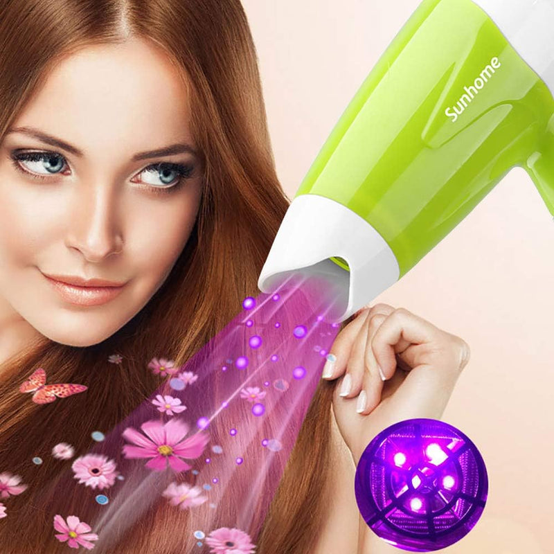 SUNHOME Foldable1200W Mini Hair Dryer. Easy storage hook. Travel portable Hair Dryer Green/White