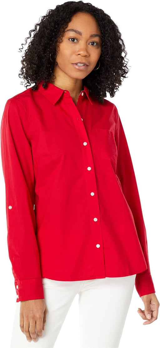 Women's Solid Button Collared Shirt with Adjustable Sleeves - Scarlet 01