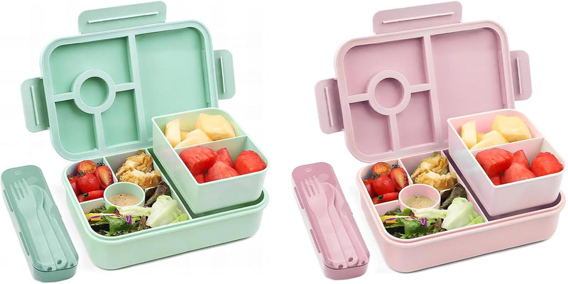 Children's Bento Box, 1300 ml, Leak-Proof Lunch Box with 5 Compartments, Bento Box for Children and Adults, Lunch Box, Breakfast Box for Girls and Boys, BPA-Free (Pink) - 2Set-Green Pink