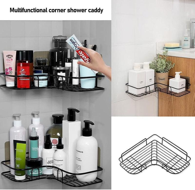SKY-TOUCH 2Pcs Corner Shower ShelvesSelf Adhesive No Drilling Wall Mounted Shower Storage Shelf Organizer For Your Bathroom, Kitchen And ToiletIron ArtBlack