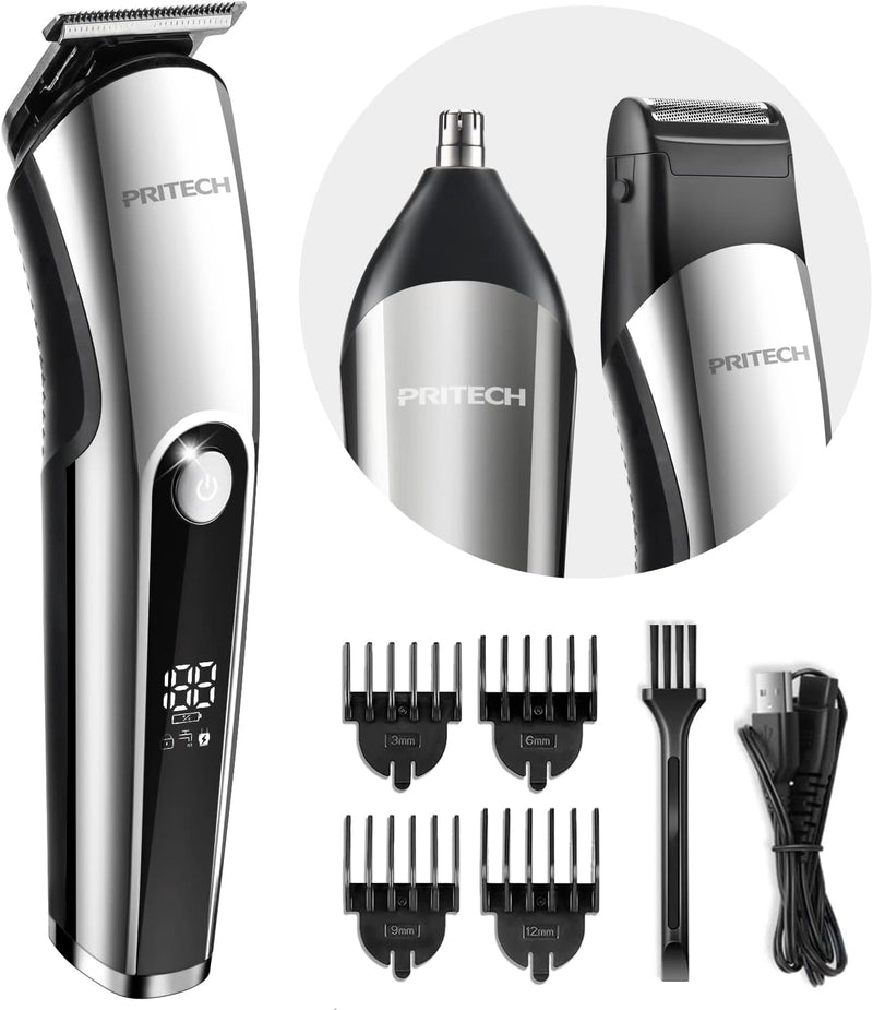 PRITECH Beard Trimmer for Men, 3 in 1 Hair Clippers for Men Kit, Nose Hair Trimmer, Micro Shaver Mens Grooming Kit Cordless Electric Hair Trimmer LED Display IPX6 (Silver)