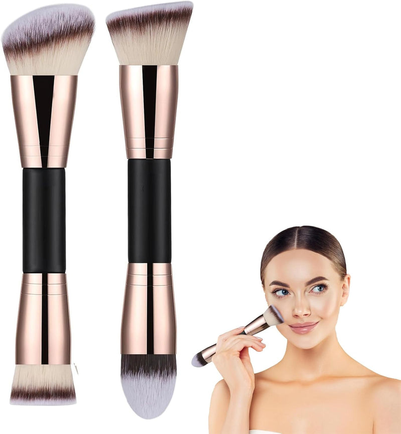 Zbzoalp 2 Pcs Double-Ended Makeup Brushes Foundation Brush, Concealer Brush, Slanted Contour Brush, Flawless, Professional Face,Premium Luxe, for Liquid Cream(Rose Gold)