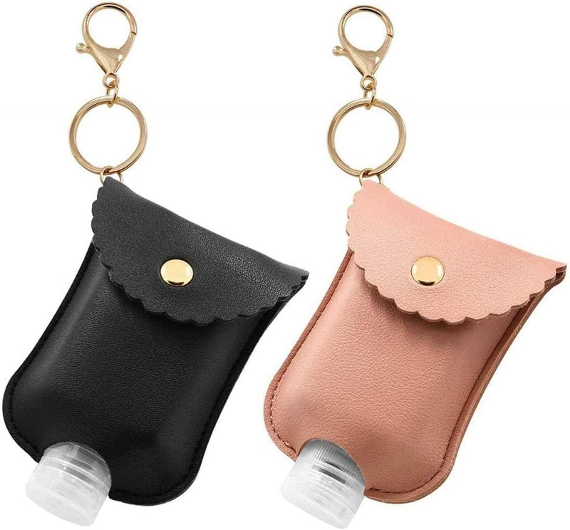 Khazna Portable Squeeze Bottle, Plastic Travel Bottle with Leather Keychain Holder for Hand Sanitizer, Essential Oil, Refillable Bottle Clips to Travel Bag (1 Pack Pink+1 Pack Black)
