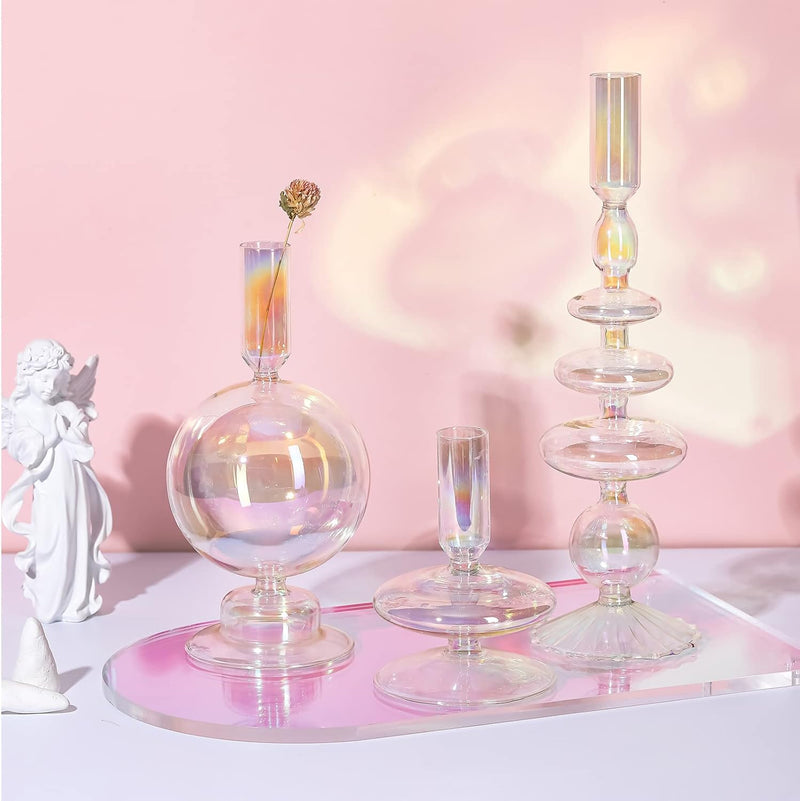 Rtteri 3 Pcs Glass Candlestick Holders Glass Taper Candle Holders Groovy Candlestick Wavy Glass Candlestick Holders Elegant Glass Candlestick Glass Vases for Home Party Centerpiece (Green)