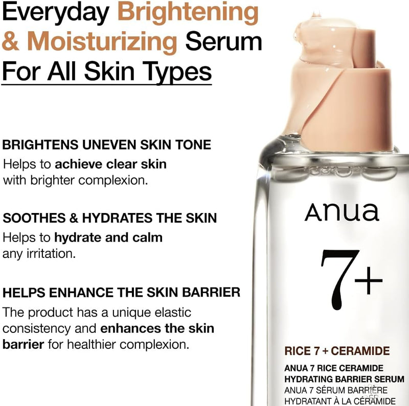 Rice Ceramide 7 Hydrating Barrier Serum, Brightening, Hydrating Serum for Face, Rice, Hyaluronic Acid, Niacinamide, Fragrance-free, Non comodogenic, Glass Skin, Korean Skin Care, 50ml/1.69fl.oz.