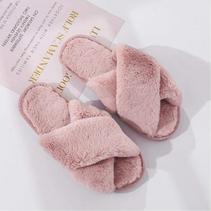 QETUOA Winter Women'S House Slippers Faux Fur Fashion Warm Shoes Woman Slippers Comfortable Home Furry Slippers- Beige