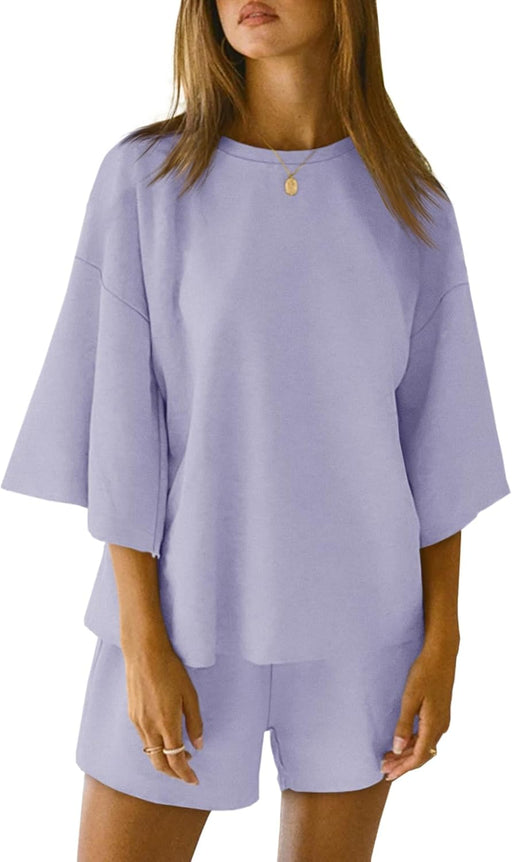 Womens Pajama Sets 3/4 Sleeve Oversized Tops and Elastic Waist Shorts Lounge Sets Loungewear - Light Purple