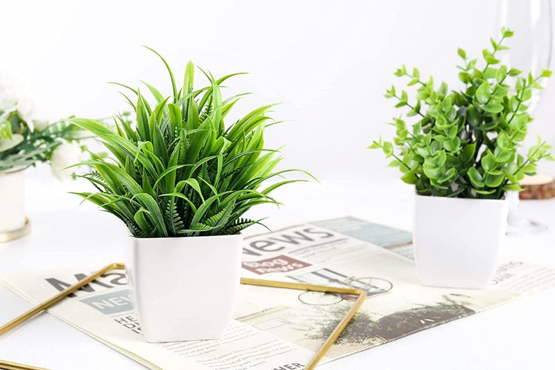Dekorly Artificial Potted Plants, 8 Pack Artificial Plastic Eucalyptus Plants Small Indoor Potted Houseplants, Small Faux Plants for Home Decor Bathroom Office Farmhouse (Set 0F 8)