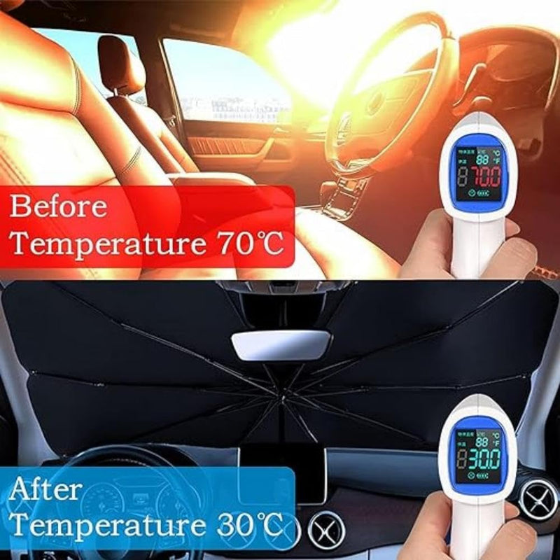 SKY-TOUCH Car Windshield Sun Shade Umbrella,UV Sunshade Umbrella Windshield Block Cover,Foldable Sun Visor Windshields Sun Shade Cover for Most with Leather storage pocket 140 80cm