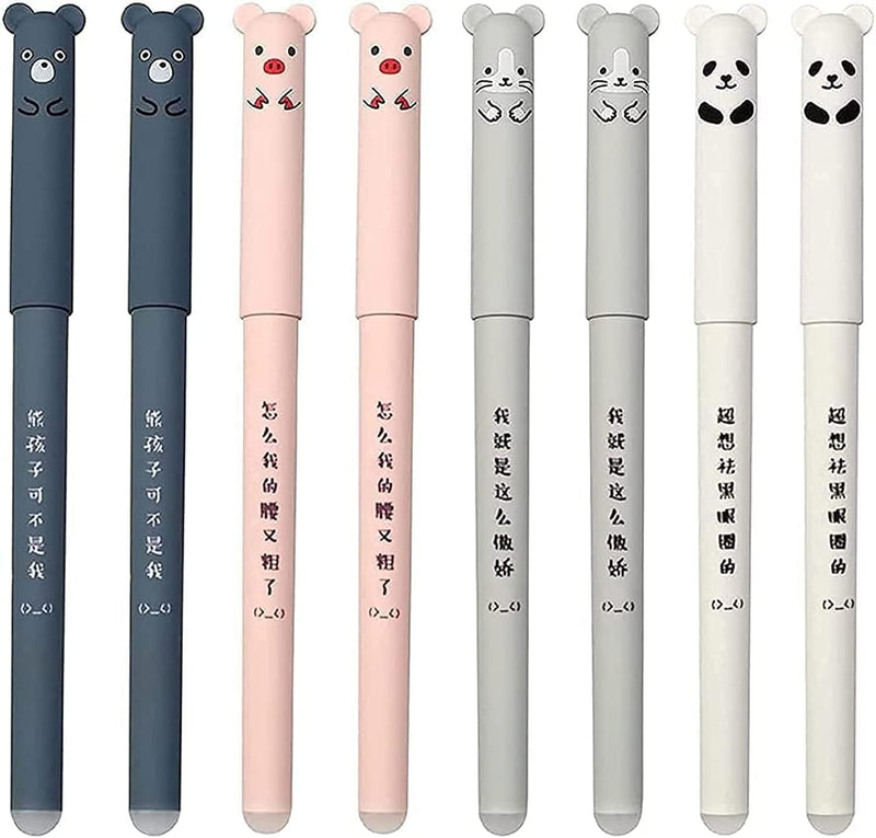 SYOSI 8 Pcs 0.35 mm Erasable Rollerball Pens - Cute Cartoon Animal Friction Design for Student Stationery and Office Supplies