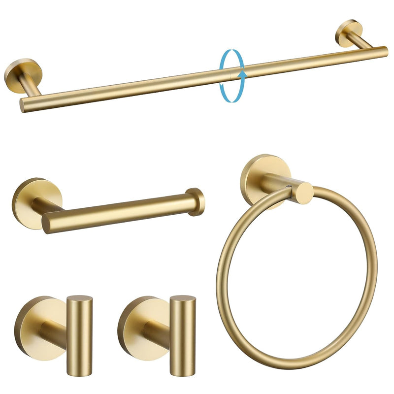 TURS Brushed Gold 5 Piece Bathroom Hardware Set, SUS304 Stainless Steel 24 Inch Bath Towel Bar Set, Round Bathroom Accessories Set Wall Mounted