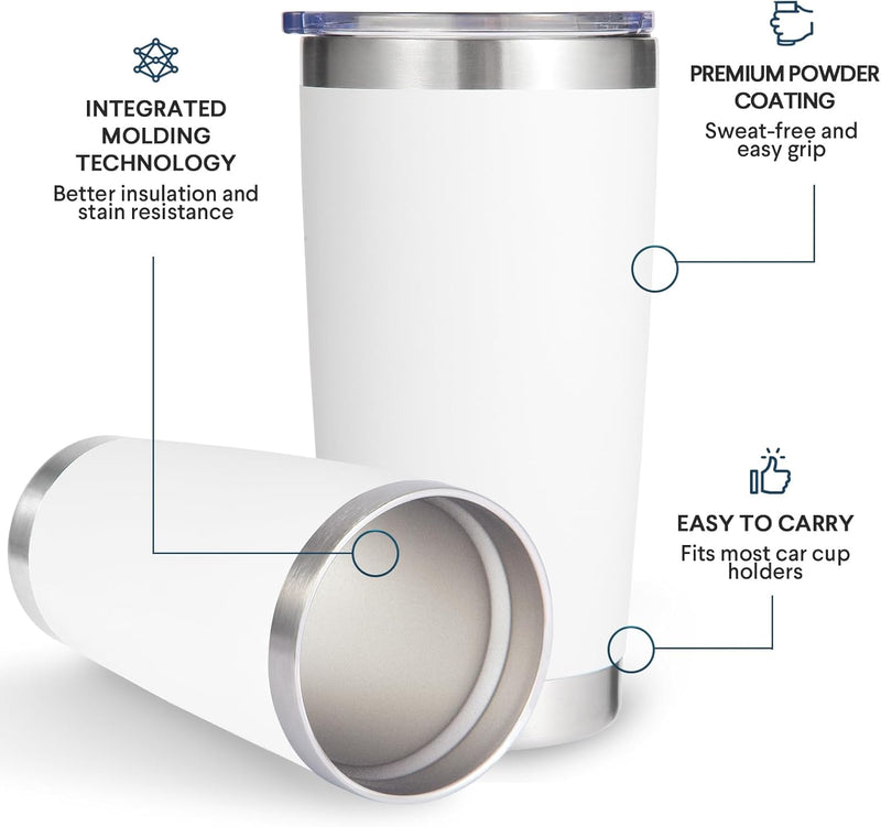 Volhoply 20oz Stainless Steel Tumbler with Lid and Straw,Double Wall Insulated Travel Iced Coffee Mug Fits Car Cup holder,Powder Coated Cups for Hot and Cold Drinks,Gifts for Women Men（White,1 Set）