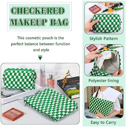 ZLFSRQ 3Pcs Checkered Makeup Bag for Women Large Cosmetic Bag Set Travel Toiletry Bag Makeup Pouch Bag for Purse Pink Zipper Storage Bag Organizer Cute Small Aesthetic Girls Car Essentials Bag
