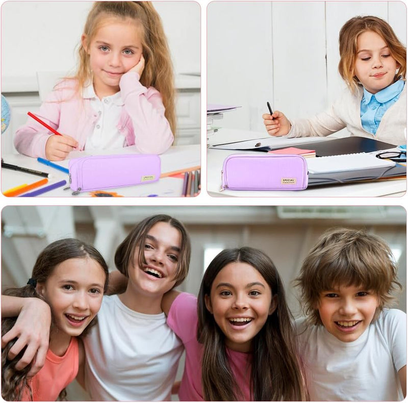 HASTHIP Large Capacity Pencil Case for Kids Girls Boys, 3 Compartments Pen Pouch Stationery Organizer Bag, Multi-Slot School Office Pencil Box for Teens Adults Women Men (Purple)