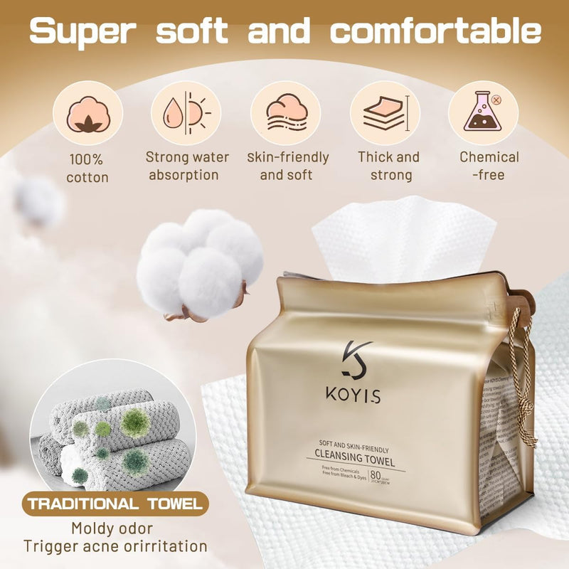 KOYIS Face Towels Disposable Biodegradable Dry Wipes for Sensitive Skin,Plant Long Fiber Facial Towels for Washing Face,Skincare and Makeup Remover,With Dust-proof Magnetic Cover,30x25 CM (58 Count)