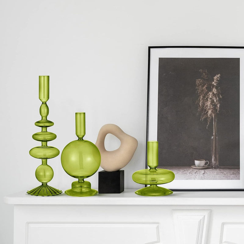 Rtteri 3 Pcs Glass Candlestick Holders Glass Taper Candle Holders Groovy Candlestick Wavy Glass Candlestick Holders Elegant Glass Candlestick Glass Vases for Home Party Centerpiece (Green)