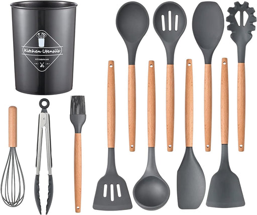 AWH ICVKRJ 12 Pcs Silicone Cooking Utensils Kitchen Utensil Set - 446F Heat Resistant,Turner Tongs, Spatula, Spoon, Brush, Whisk, Wooden Handle Gray Kitchen Gadgets with Holder for Nonstick Cookware