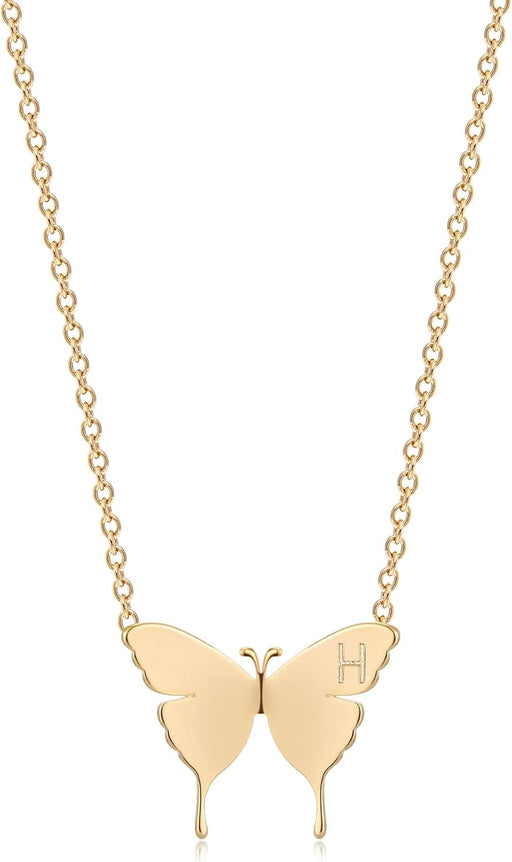 MEVECCO Gold Dainty Initial Necklace 18K Gold Plated Butterfly Pendant Name Necklaces Delicate Everyday Necklace for Women Minimalist Personalized Jewelry Christmas Gift - H