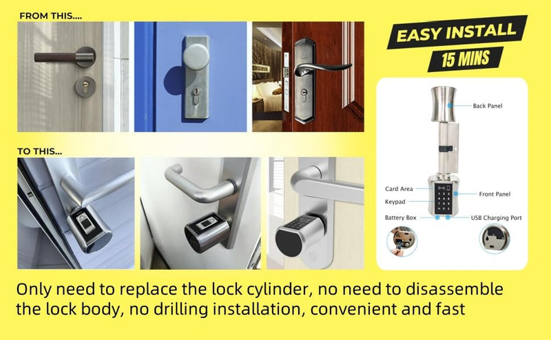 Keyless Entry Smart Door Lockwith Password 3 Pcs RFID Cards, Emergency Interface, Stainless Steel Keyless Entry Door Lock, Brass Low Consumption Smart Cylinder Lock for Wooden Iron Security Door