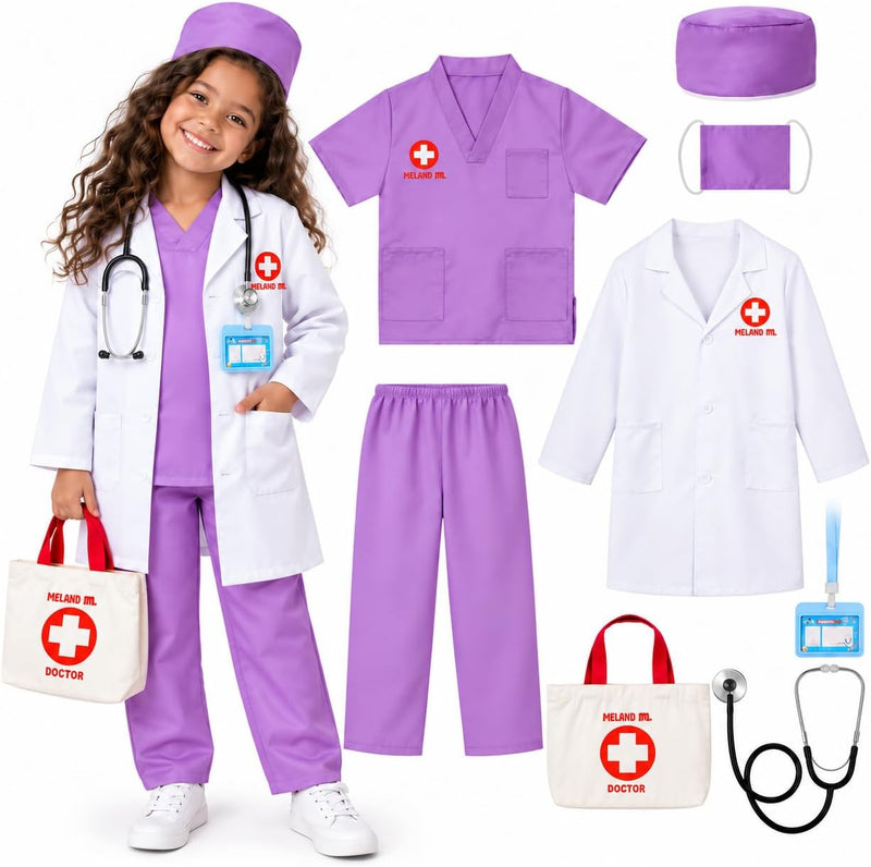 Meland Doctor Costume for Kids 3-10, Pretend Play Career Dress Up with Bag - Purple