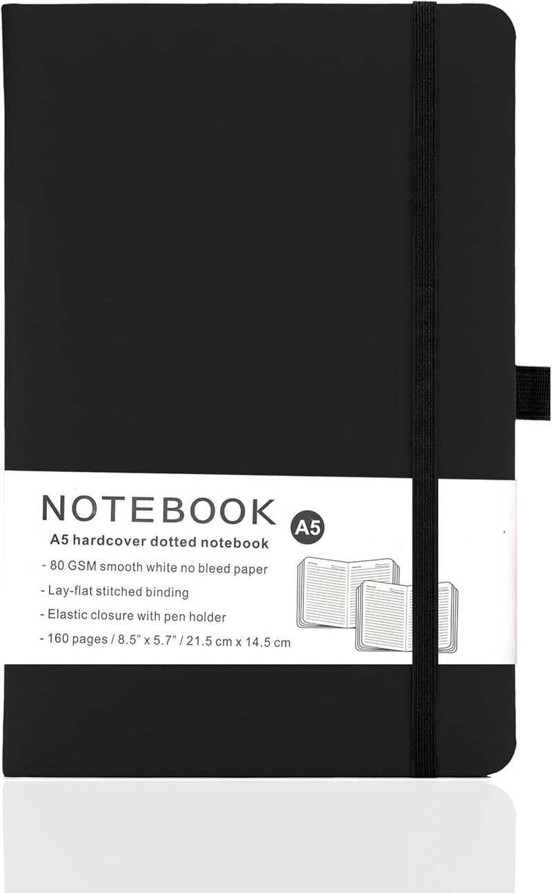 Yanek A5 Lined Notebook - Hardcover, 160 Pages, Writing Pad for Notes, Journals, Sketches, School, Office, and Personal Use - Durable, Portable, Pack of 1 (Black) - Black
