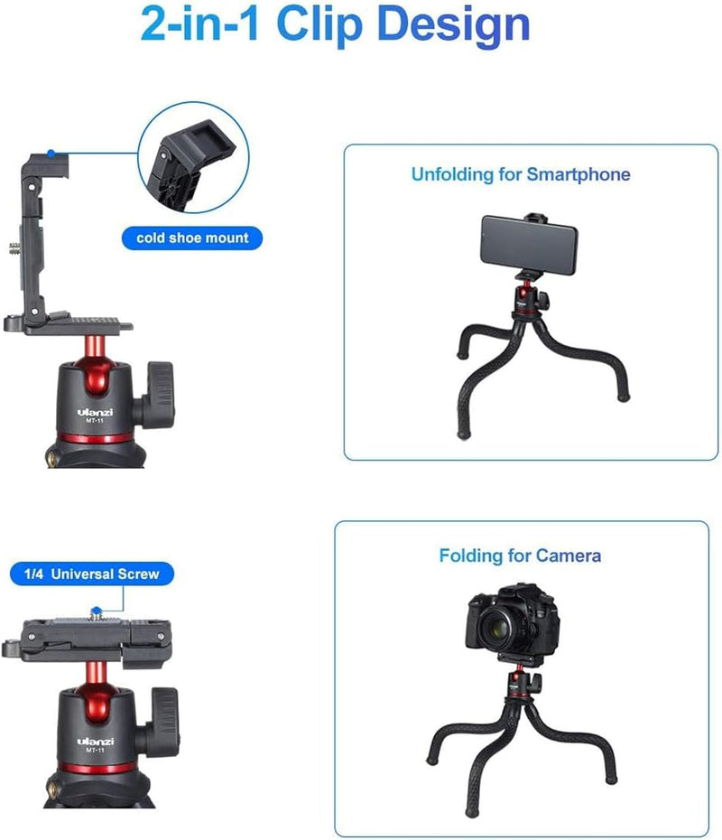 ULANZI MT-11 Camera Tripod, Mini Flexible Stand with Hidden Phone Holder w Cold Shoe Mount, 1/4'' Screw for Magic Arm, Universal for iPhone 13 12 Pro Max XS Max X 8 Samsung Canon Nikon Sony Cameras - MT-11