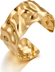Hammered Chunky Cuff Bracelets for Women Vintage Boho Wide Bangle Bracelets Irregular Statement Bracelet Thick Gold Silver Bracelet - Gold Cuff