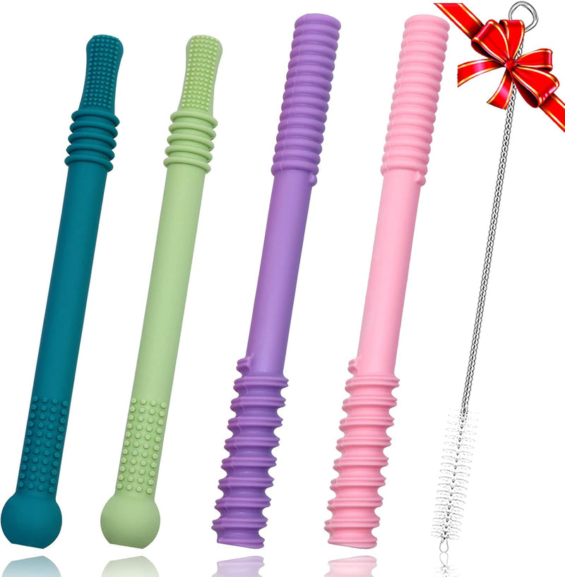 Teether Tubes for Babies 6 12 18 Months, 4 Pack Hollow Straw Toddler Teether Toys for molars, Silicone Chew Tube for Sensory Kids with Chewing or Other Special Needs, BPA Free Dishwasher Freezer Safe
