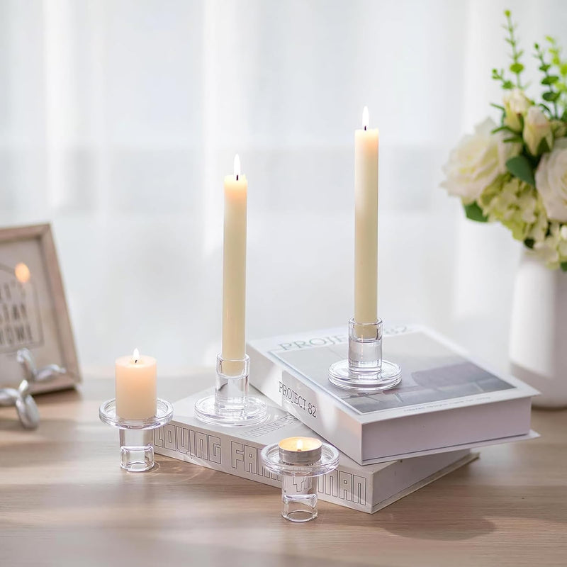 KUKUMAJI 6pcs Clear Glass Candlestick Holders,Taper Candle Holders, Clear Candle Holders for Formal Events Wedding Festival Party Church Festival Decoratio (clear)