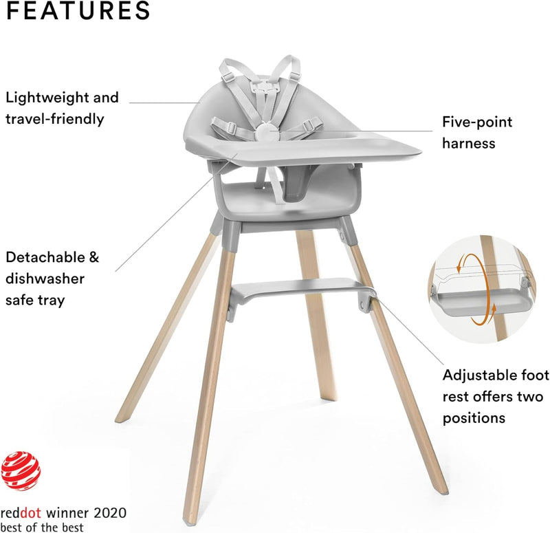 Stokke Clikk High Chair, Fjord Blue - All-in-One High Chair with Tray + Harness - Light, Durable & Travel Friendly - Ergonomic with Adjustable Features - Best for 6-36 Months or Up to 33 lbs