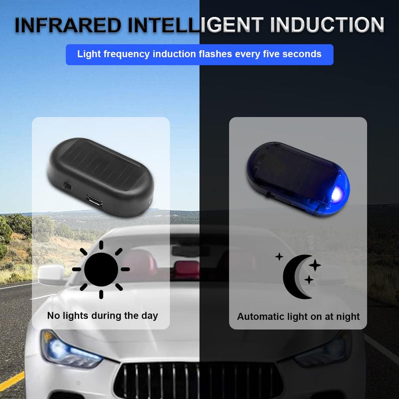 2PCS Car Solar Power Simulated Dummy Alarm, Anti-Theft LED Flashing Security Light Fake Lamp, Auto Warning Interior Safety Lights with USB Charger Port, Car Accessories for Most Cars (Blue/2PCS)