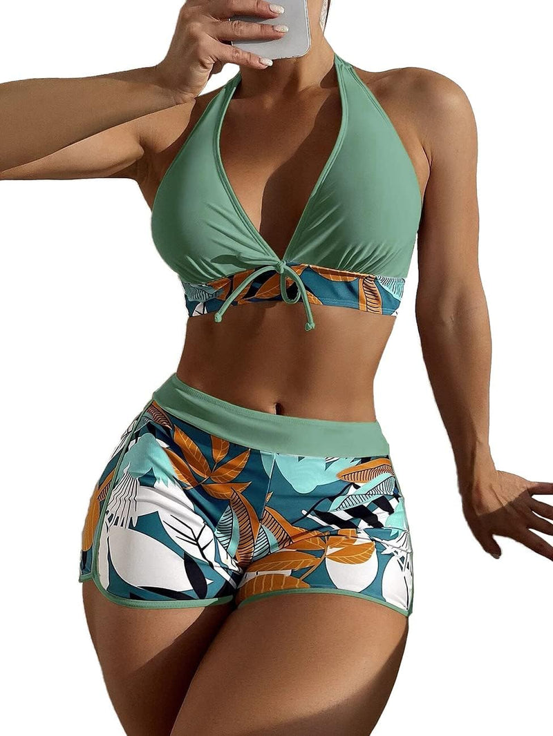 Tainehs Women's Two Piece Bikini Swimsuit Tie Halter Neck Padded Deep V Neck Bathing Suit with Boy Shorts