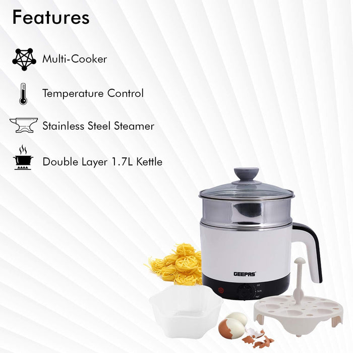 Geepas 1000W Multifunctional 1.7 L Double Layer Kettle - 3-in-1 Cordless Kettle, Steamer and Egg Boiler - Boil Dry Protection, 2 Speed Heating - Ideal for Steaming Vegetables Boiling Eggs