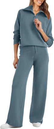 Womens 2 Piece Outfits Sweatsuit Set Oversized Half Zip Sweatshirt Wide Leg Sweatpants Lounge Set Tracksuit - Grey Blue