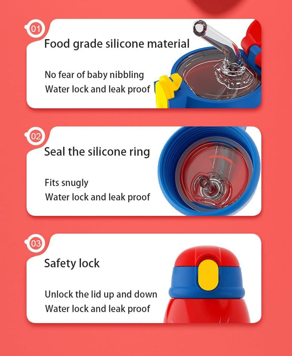 Kids Bottle for School Stainless Steel Insulated Water Bottle with Straw Children Cup 2 in1 Water Flask with Carrier Holder Shoulder Strap Spare Cover Lid 550ml (Captain America)