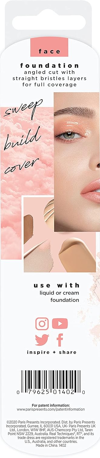 REAL TECHNIQUES Seamless Complexion Makeup Brush, Four Foundation, Primer, And Moisturizer, Makeup & Skincare Face Brush, Streakfree And Natural Finish, Orange, 1 Count