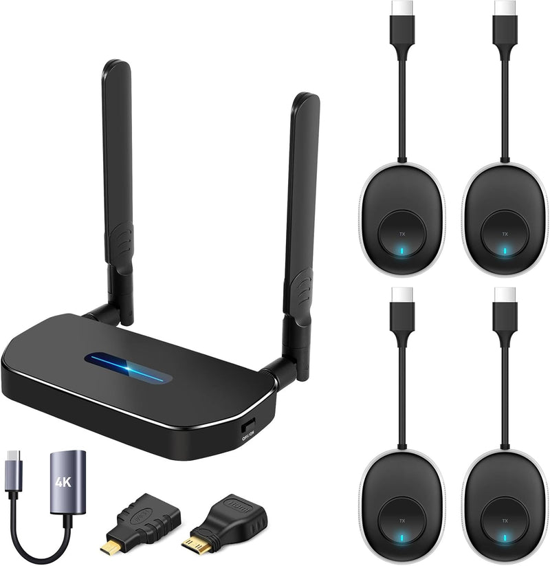Wireless HDMI Transmitter and Receiver 4K Kit, Full HD 4K Wireless Presentation Equipment HDMI Adapter, Plug and Play Streaming Media. Laptop, Dongle, PC,PS4, Smart Phone to HDTV/Projector 165FT/50M - TX*4+RX*1