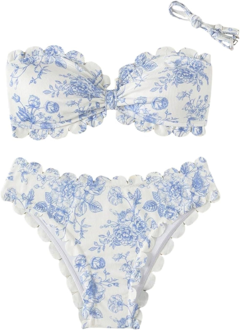 GORGLITTER Women's Floral Bandeau Bikini Sets Strapless Tie Back Scalloped 2 Piece Boho Swimsuit