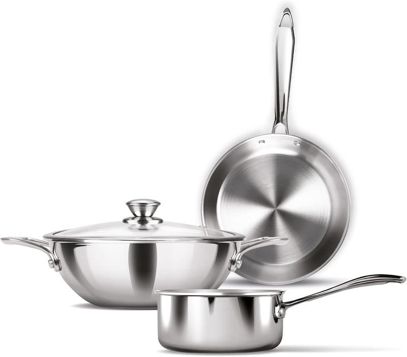 MILTON Pro cook Procook Triply Induction Base Cookware Set of 3 Stainless Steel Sauce Pan 14 cm, Fry Pan 24 cm, Kadhai 24 cm with Glass Lid 24 cm, Silver Dishwasher Safe Food Safe Flame Safe