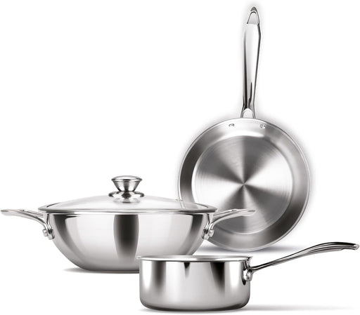 MILTON Pro cook Procook Triply Induction Base Cookware Set of 3 Stainless Steel Sauce Pan 14 cm, Fry Pan 24 cm, Kadhai 24 cm with Glass Lid 24 cm, Silver Dishwasher Safe Food Safe Flame Safe